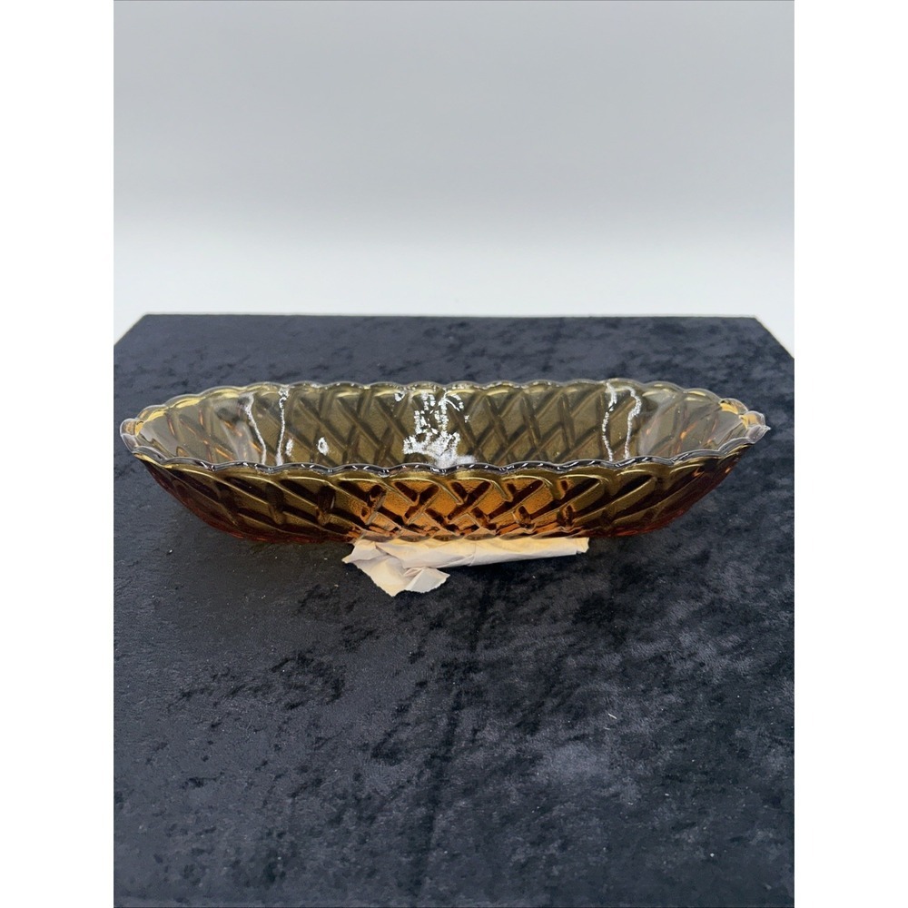 Vintage Indiana Amber Carnival Glass Oval Dish Relish Dish‎ Pretzel Basket Weave